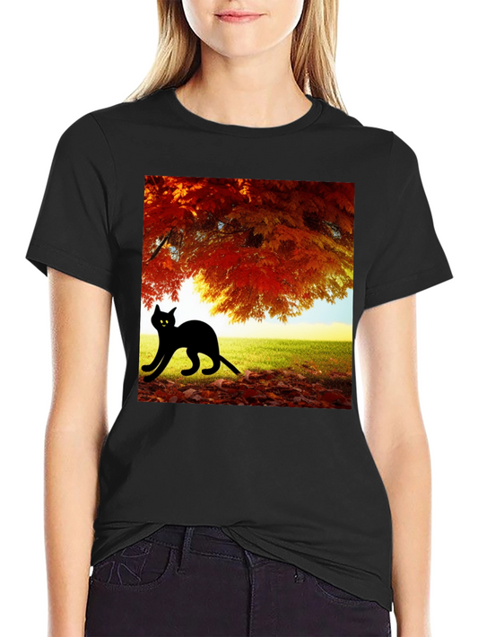 Fall Cat T-Shirt - Nature Inspired Black Tee