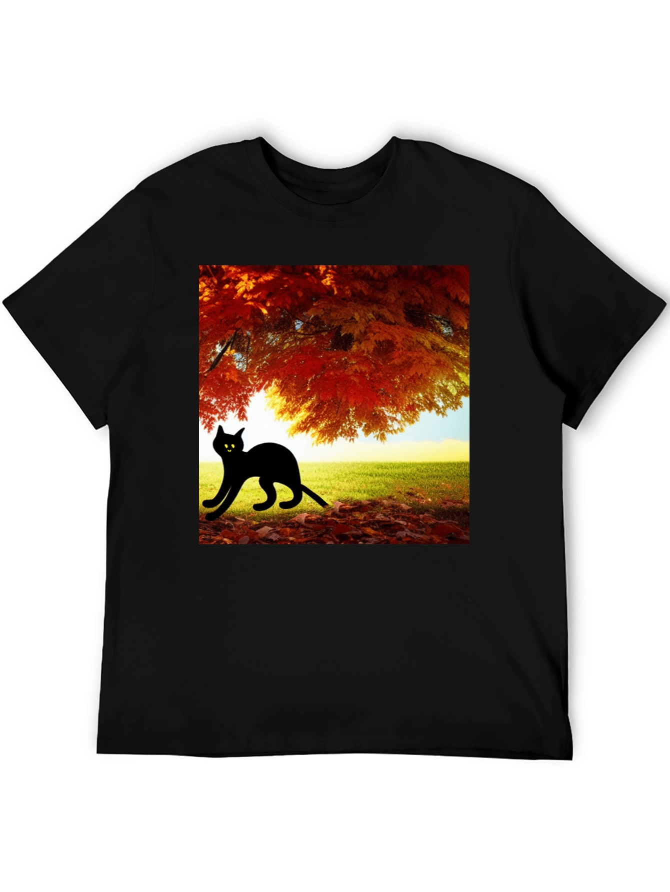Fall Cat T-Shirt - Nature Inspired Black Tee
