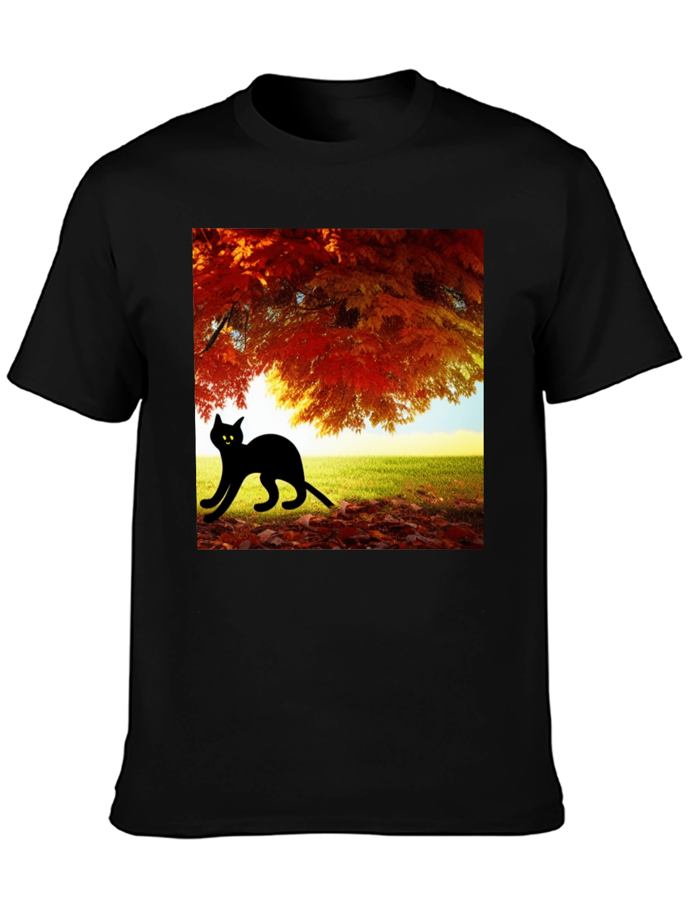 Fall Cat T-Shirt - Nature Inspired Black Tee