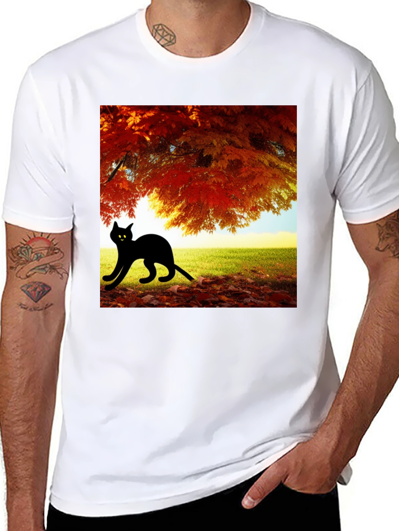 Fall Cat T-Shirt - Nature Inspired Black Tee