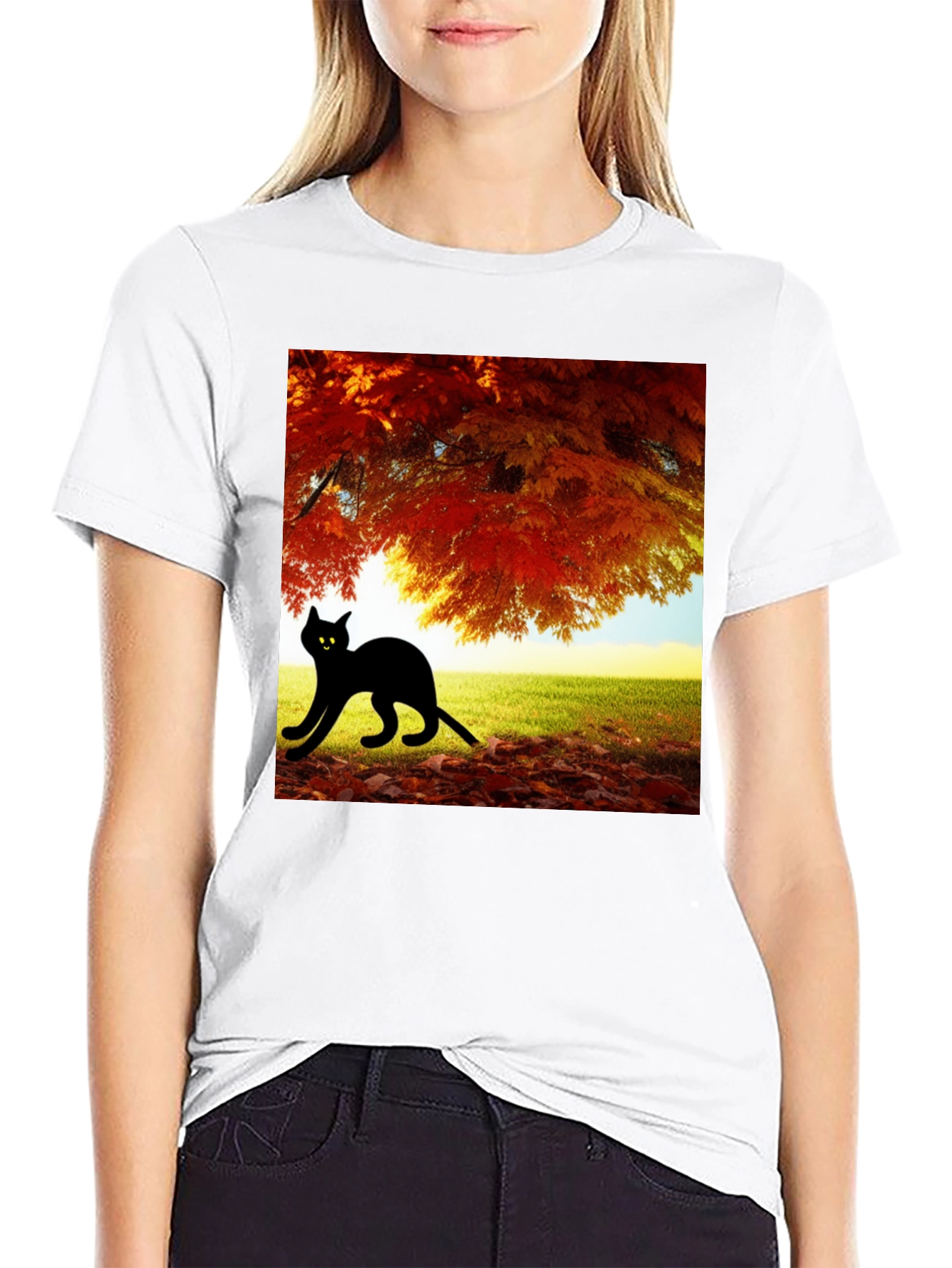 Fall Cat T-Shirt - Nature Inspired Black Tee