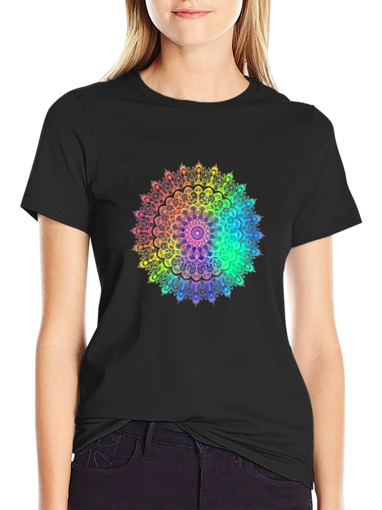 Rainbow Mandala Graphic Black T-Shirt