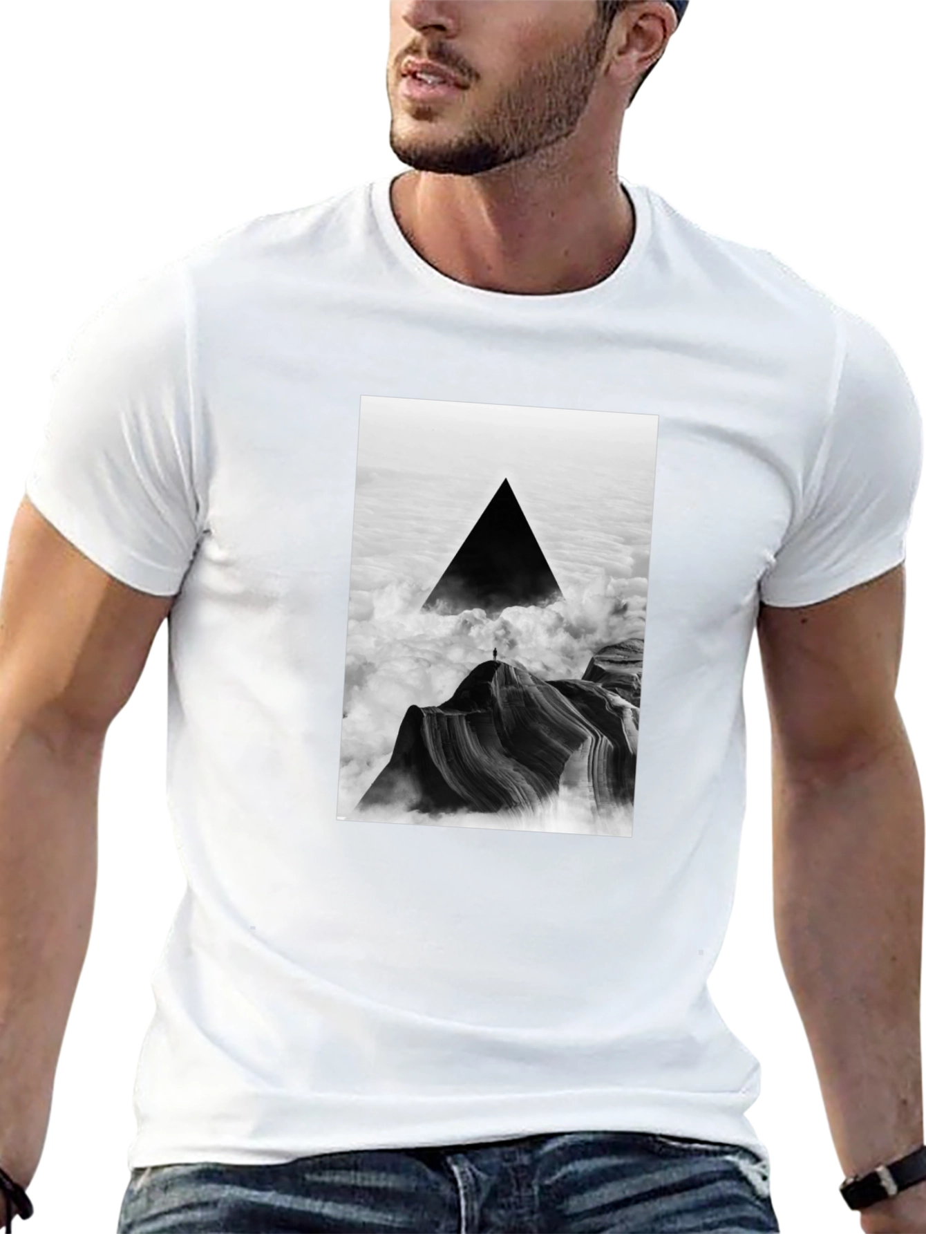 Black T-Shirt with Abstract Triangle Mountain Design
