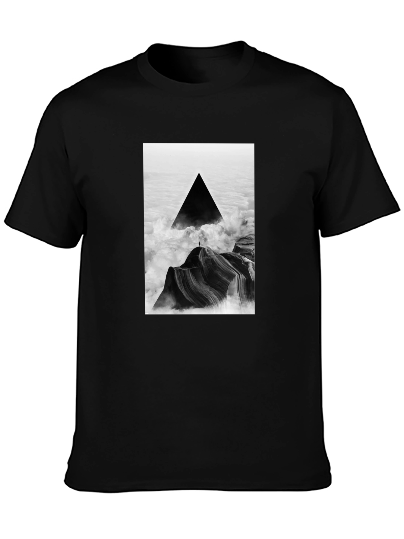 Black T-Shirt with Abstract Triangle Mountain Design