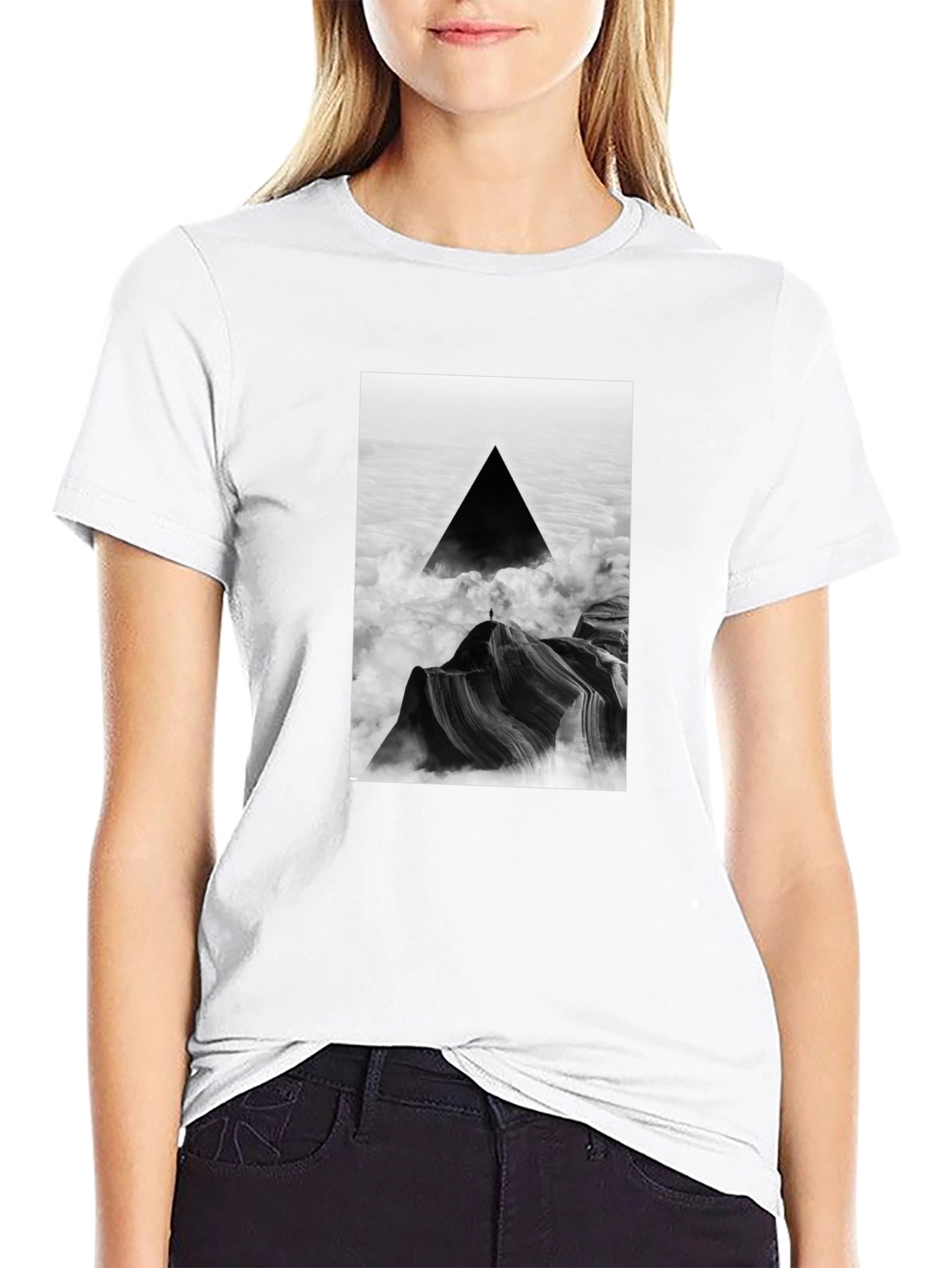 Black T-Shirt with Abstract Triangle Mountain Design
