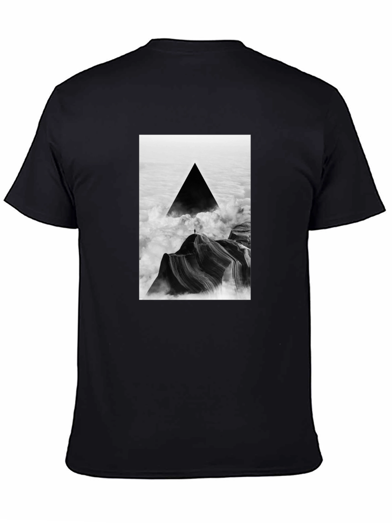 Black T-Shirt with Abstract Triangle Mountain Design