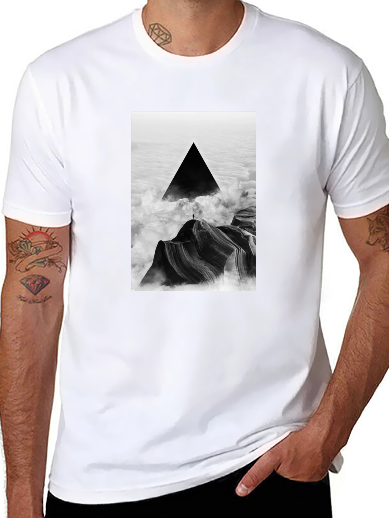 Black T-Shirt with Abstract Triangle Mountain Design