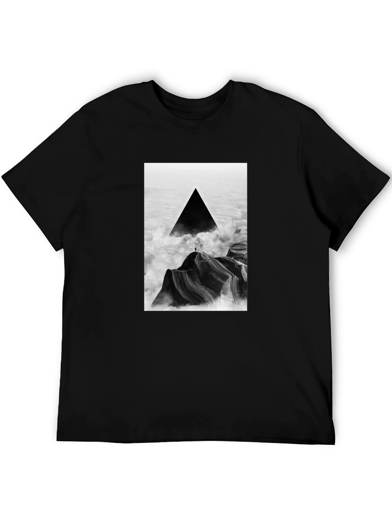 Black T-Shirt with Abstract Triangle Mountain Design