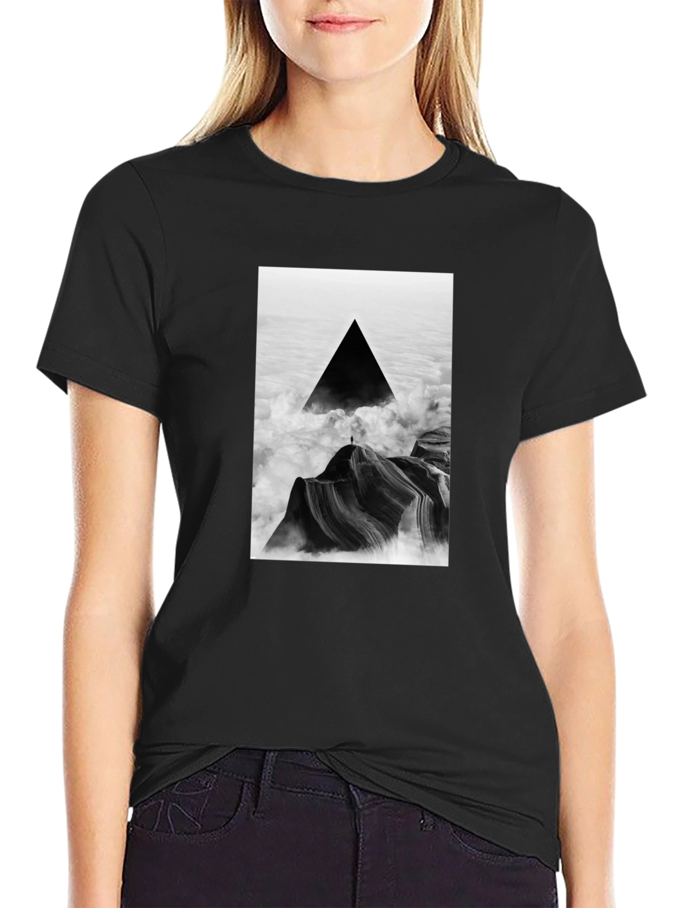 Black T-Shirt with Abstract Triangle Mountain Design