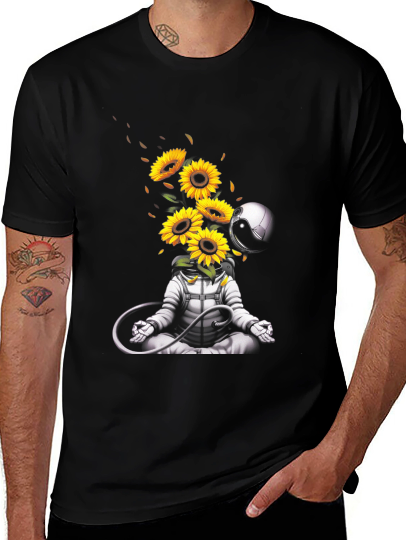 Meditating Astronaut with Sunflowers Graphic T-Shirt