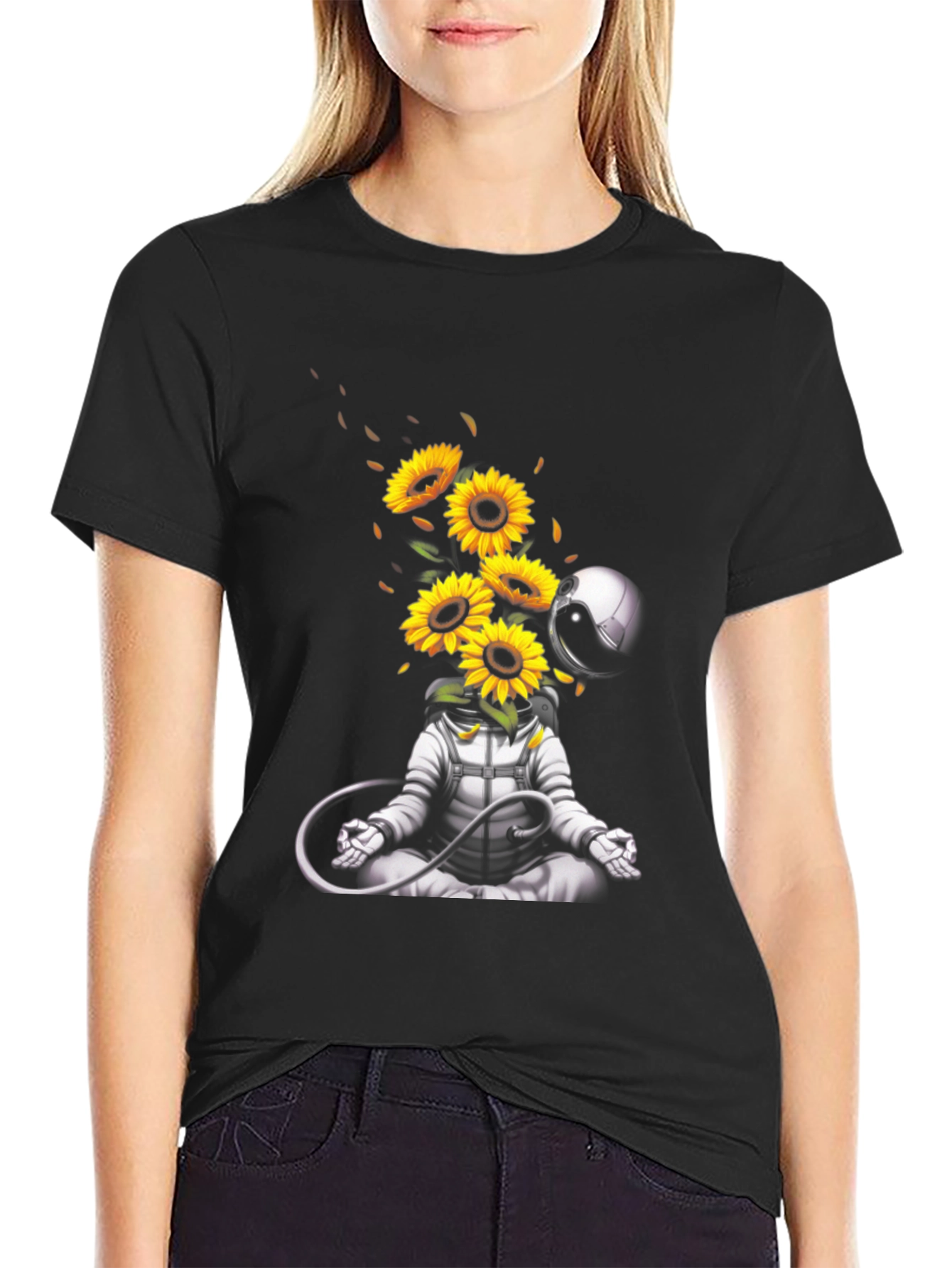 Meditating Astronaut with Sunflowers Graphic T-Shirt