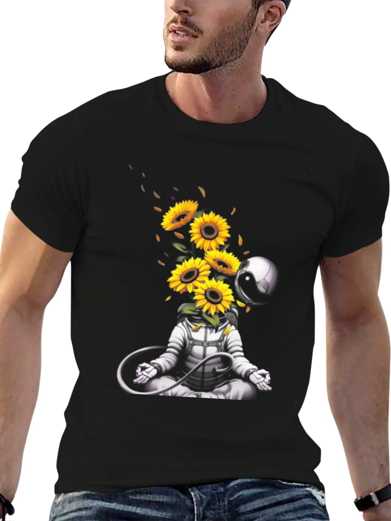 Meditating Astronaut with Sunflowers Graphic T-Shirt