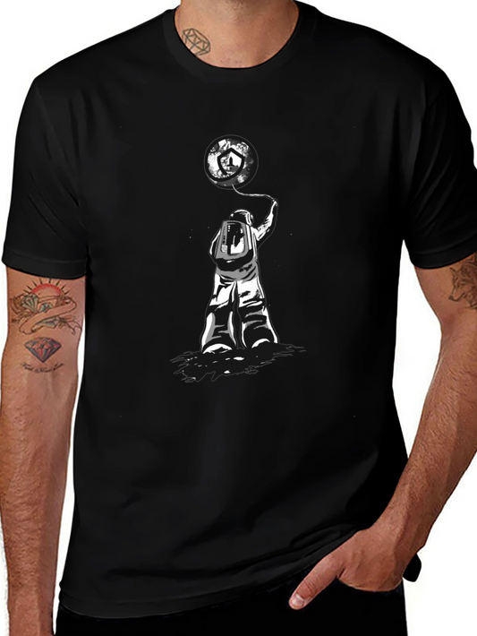 Astronaut Earth Balloon Graphic Tee - Trendy Black T-Shirt
