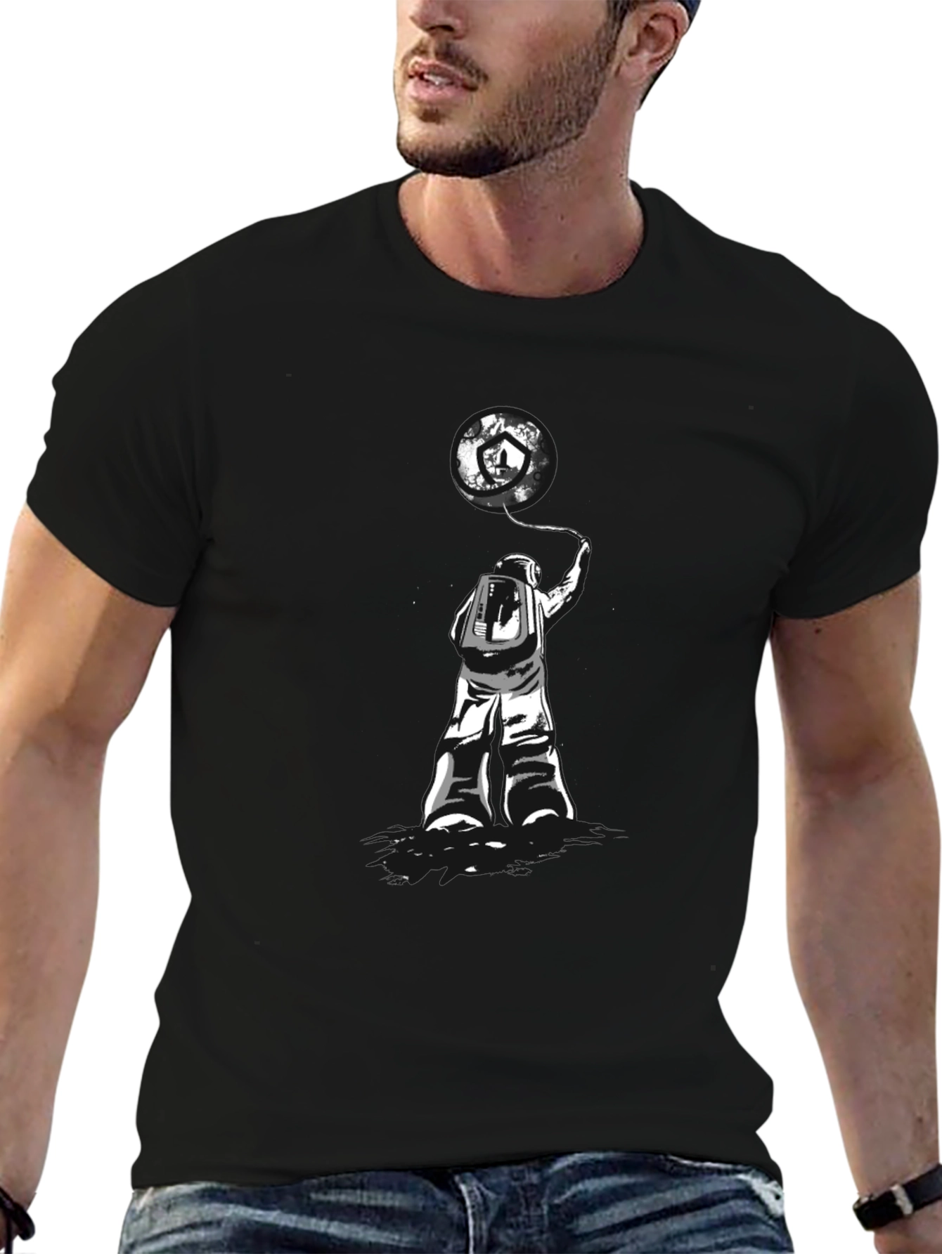 Astronaut Earth Balloon Graphic Tee - Trendy Black T-Shirt