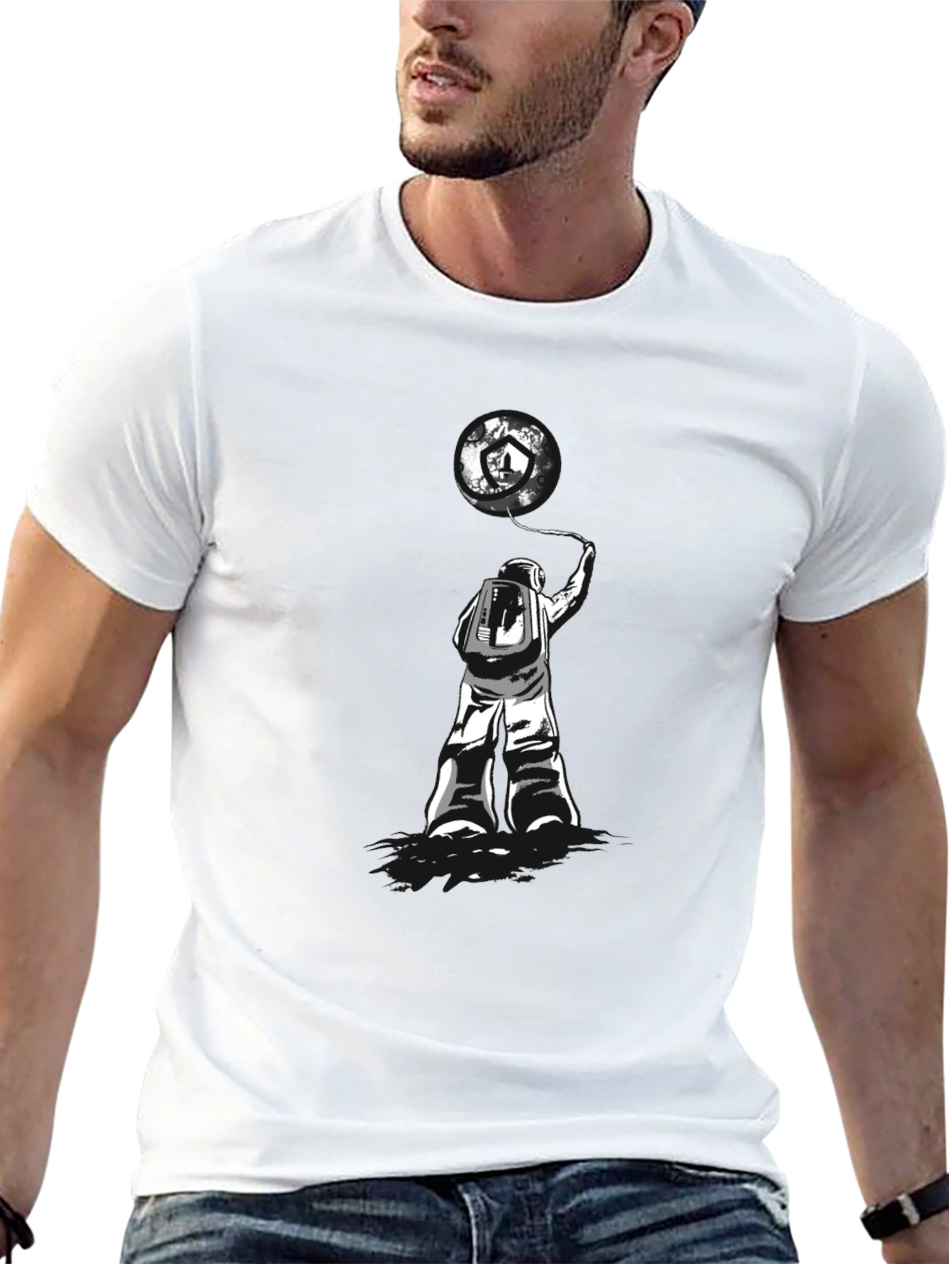 Astronaut Earth Balloon Graphic Tee - Trendy Black T-Shirt