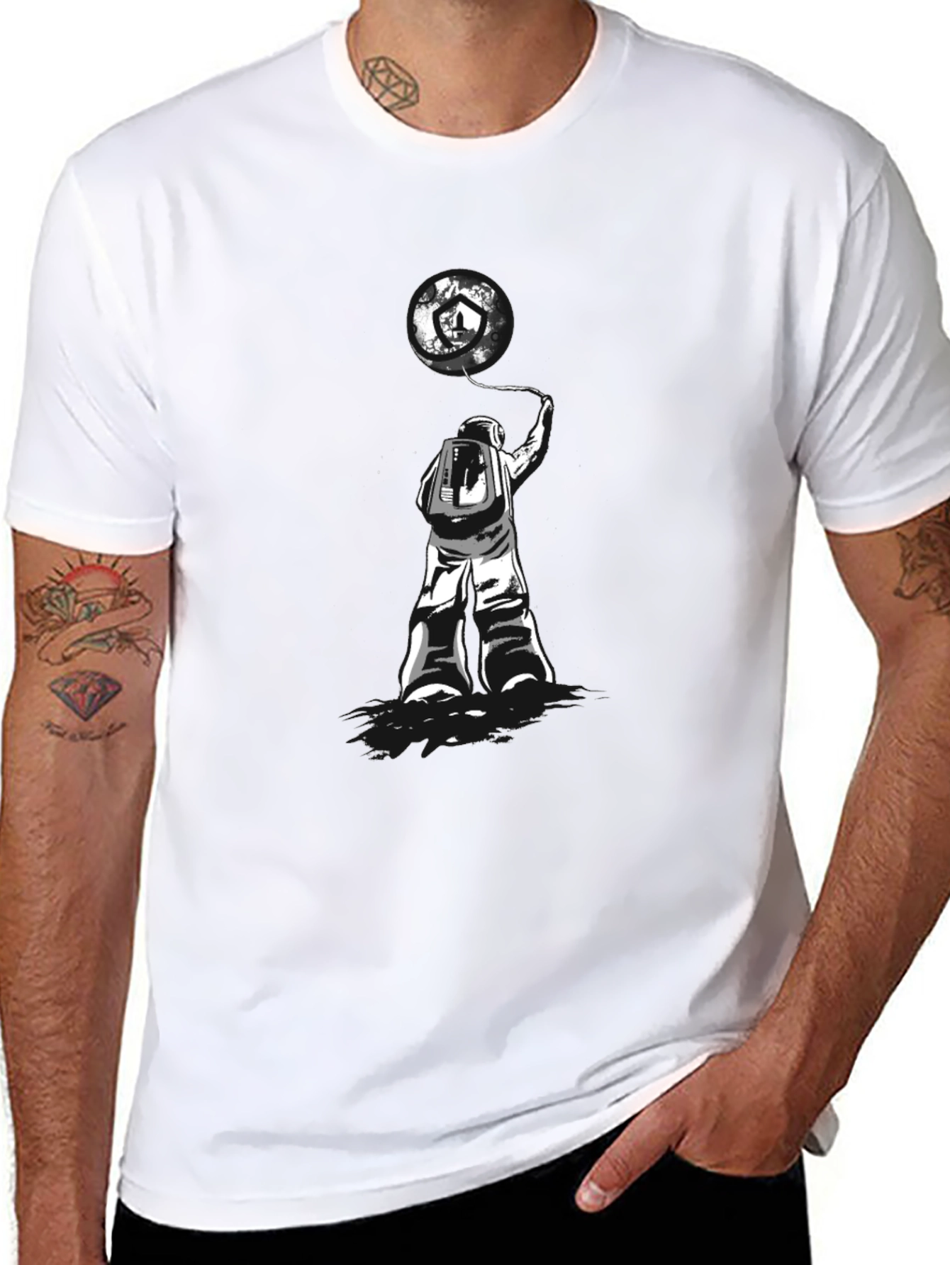 Astronaut Earth Balloon Graphic Tee - Trendy Black T-Shirt