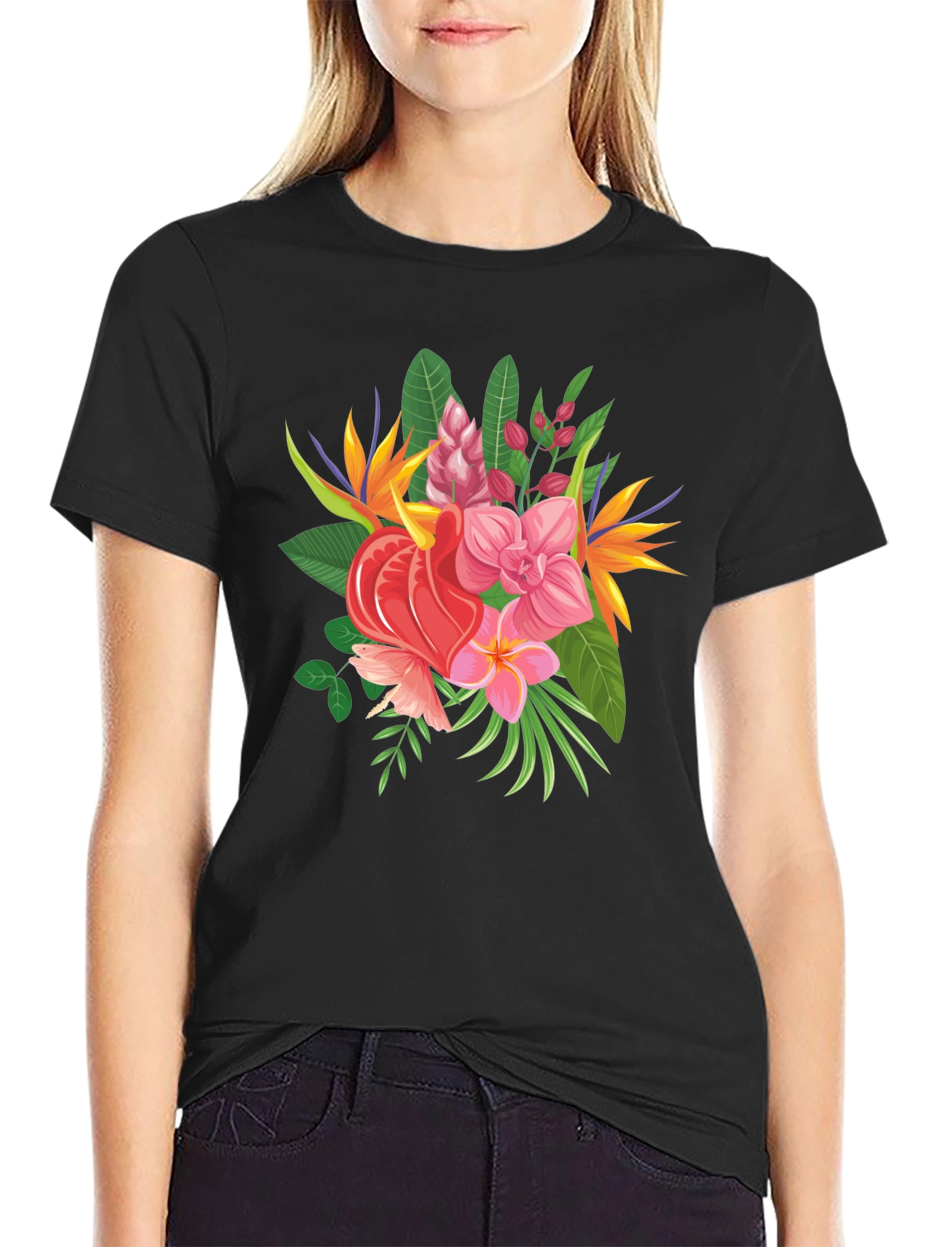 Tropical Floral Graphic Tee - Black Casual Shirt